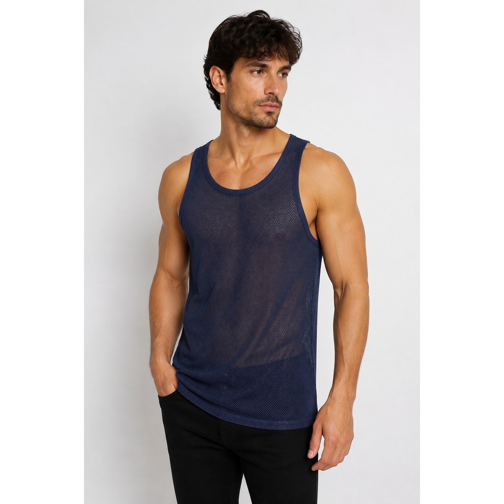 Vintage Mens Mesh Tank Top Large Navy Blue Sheer Athletic Gym Retro Indie Sleaze
